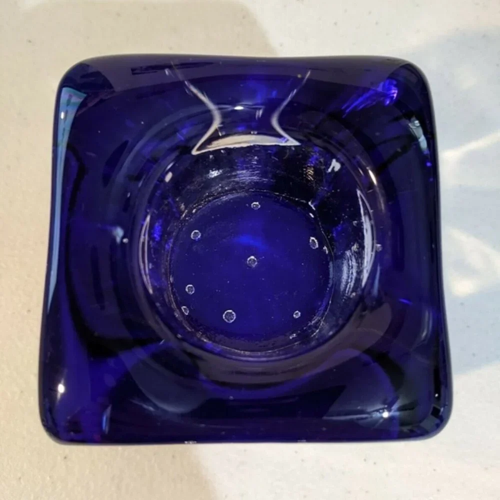 Heavy Art Glass Cobalt Blue Clear Votive Candle Holder Square Paper Clip Weight